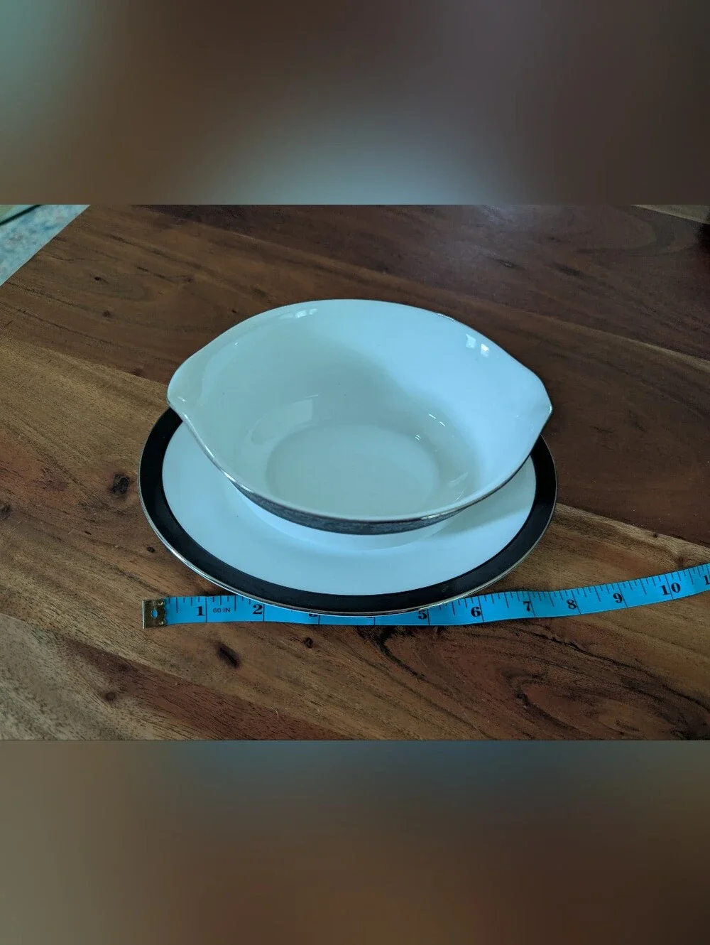 Noritake Sharon #6883 Gravy Boat Connected Plate Black Band Raised Flowers